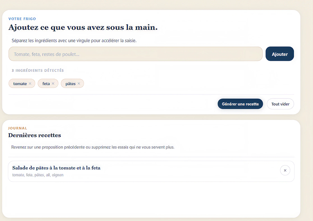 Version finale de l'interface, avec journal des recettes et ingrédients détectés